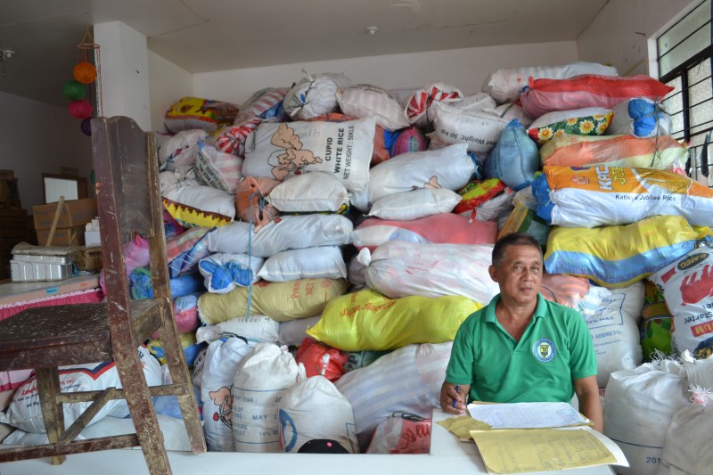 Relief goods stocked near the Hernani Municipal Hall. PHOTO BY KRISTINE SABILLO/INQUIRER.net