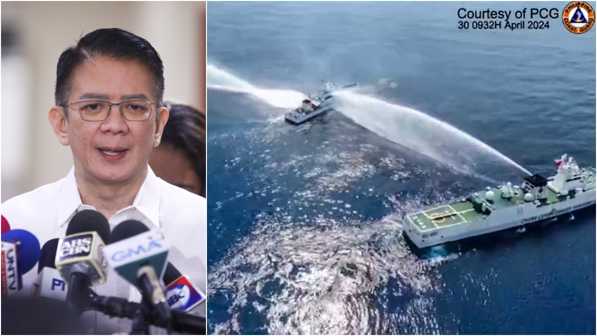 This frame grab from handout video footage taken and released on April 30, 2024 by the Philippine Coast Guard (PCG) shows the Philippine Coast Guard ship BRP Bagacay (C) being hit by water cannon from Chinese coast guard vessels near the Chinese-controlled Scarborough shoal in disputed waters of the South China Sea. The Philippines said the China Coast Guard fired water cannon on April 30 at two of its vessels, causing damage to one of them, during a patrol near a reef off the Southeast Asian country. (Photo by Handout / Philippine Coast Guard (PCG) / AFP) / RESTRICTED TO EDITORIAL USE - MANDATORY CREDIT "AFP PHOTO / PHILIPPINE COAST GUARD (PCG)" - NO MARKETING NO ADVERTISING CAMPAIGNS - DISTRIBUTED AS A SERVICE TO CLIENTS