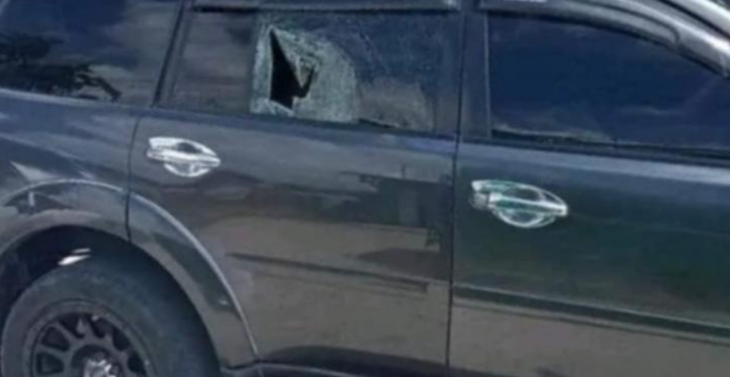 COLLATERAL DAMAGE A vehicle sustains a cracked windshield after being hit by rocks thrown by supporters of political candidates during a clash in front of the Shariff Aguak municipal hall in Maguindanao del Sur on Tuesday (Oct. 8, 2024), the last day for filing certificates of candidacy (COCs) for the 2025 local elections. The violence left one village guard dead and six others, including a police officer, injured. (Photo courtesy of Shariff Aguak MPS)
