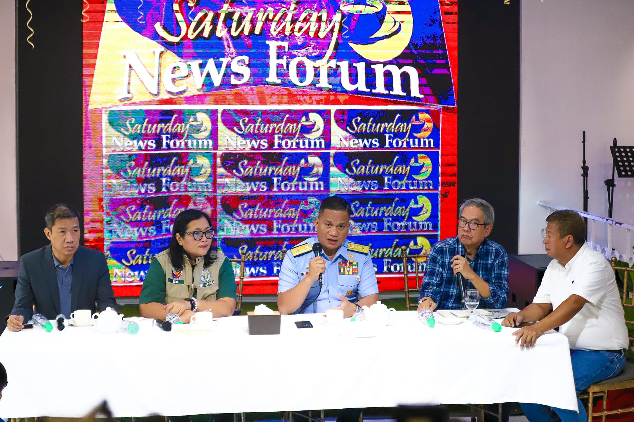 Philippine Coast Guard spokesperson Commodore Jay Tarriela (center) discusses China's continued harassment at the West Philippine Sea (WPS) during Saturday's news forum in Quezon City.  Tarriela said only President Ferdinand R. Marcos Jr., could send warships to the WPS as a policy option.(PNA photo by Robert Oswald P. Alfiler)