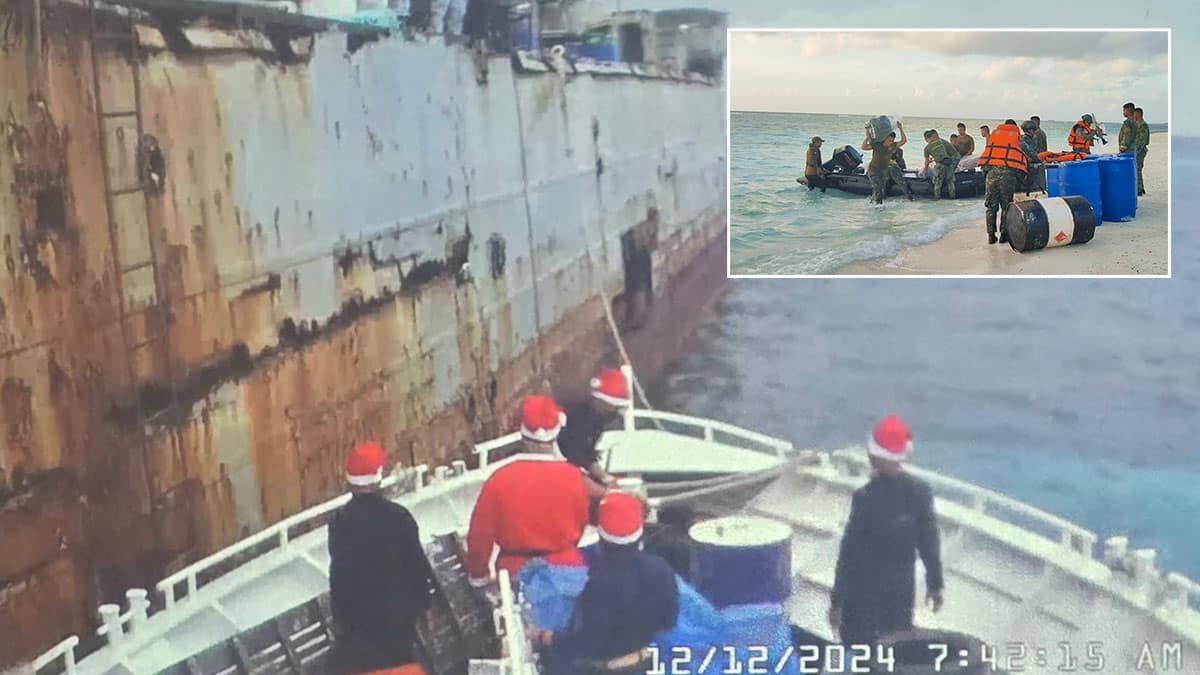 GIFT FOR THE FRONT-LINERS The Philippine Navy delivers “noche buena packages” to troops stationed at the grounded BRP Sierra Madre at Ayungin Shoal and in the Kalayaan Island group (inset) where their presence asserts the country’s sovereignty in the West Philippine Sea amid China’s claims. The resupply missions were conducted from Dec. 3 to Dec. 14. —PHOTOS FROM ARMED FORCES OF THE PHILIPPINES