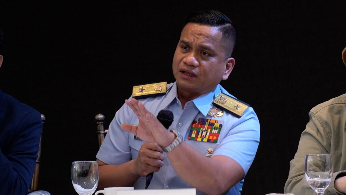 Commodore Jay Tarriela, Spokesperson of Philippine Coast Guard for the West Philippine Sea speaks and answer questions to the members of the media at the Saturday News Forum in Quezon City on Saturday, Feb. 22, 2025. | Arnel Tacson, INQUIRER.net