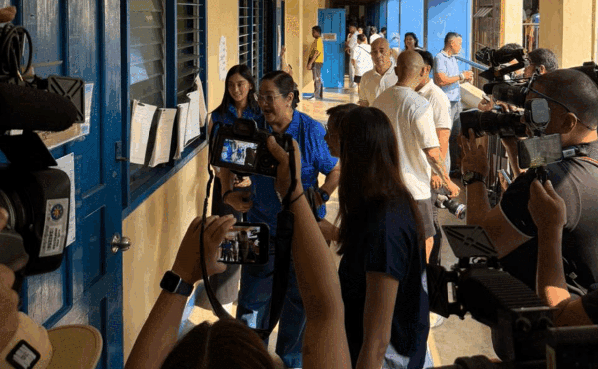 Mandaluyong Vice Mayor Menchie Abalos speaks to members of media at the Highway Hills Integrated School, where she is registered as a voter, on Monday, May 12, 2025. — Photo by Robert Jaworski Abano