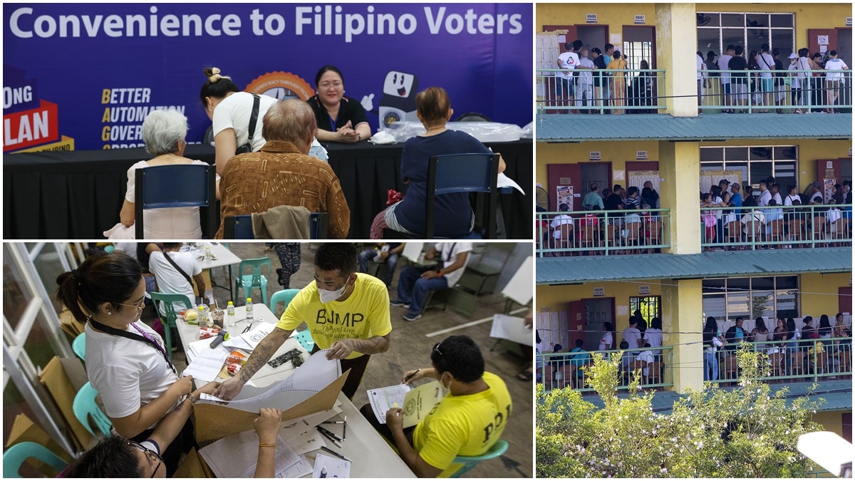 SCENES FROMELECTION DAY Senior citizens and persons with disabilities (top left) cast their votes at a mall in Manila before a sign that says “Convenience to Filipino voters.” Indeed, voters who took a chance at the malls said it was cooler and the process more organized in these “precincts,” unlike in school grounds such as Batasan Hills National High School in Quezon City (above right) and other areas where voters had to endure as well Election Day’s heat index of 42 degrees Celsius. At Mandaluyong City Jail and other detention centers, inmates (above left) were also allowed their due right of suffrage as they took part in the midterm elections. —GRIG C. MONTEGRANDE, NIÑO JESUS ORBETA
