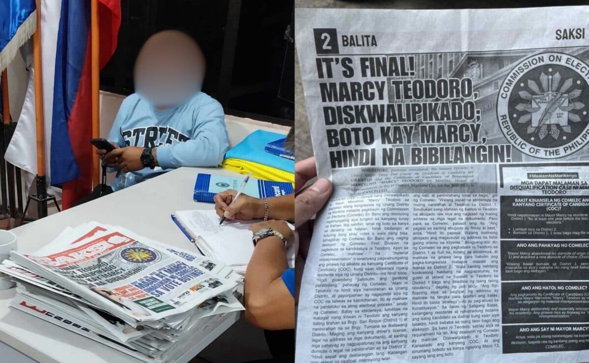 A police officer questions a man who was allegedly caught handing out copies of a tabloid, which purportedly contains articles against suspended Marikina Mayor Marcy Teodoro, on election day, May 12, 2025. — Contributed photo