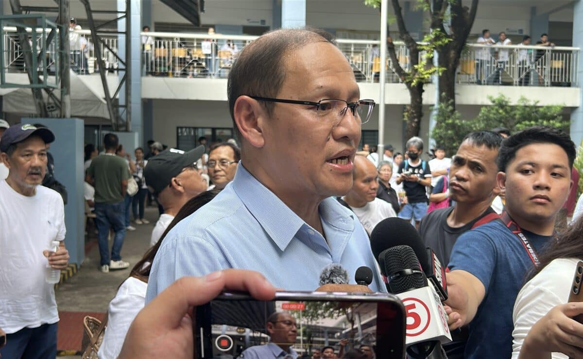 Suspended Marikina City Mayor Marcy Teodoro talks to the media in a chance interview before heading to the polls at his voting center at the San Roque Elementary School on election day afternoon, May 12, 2025.