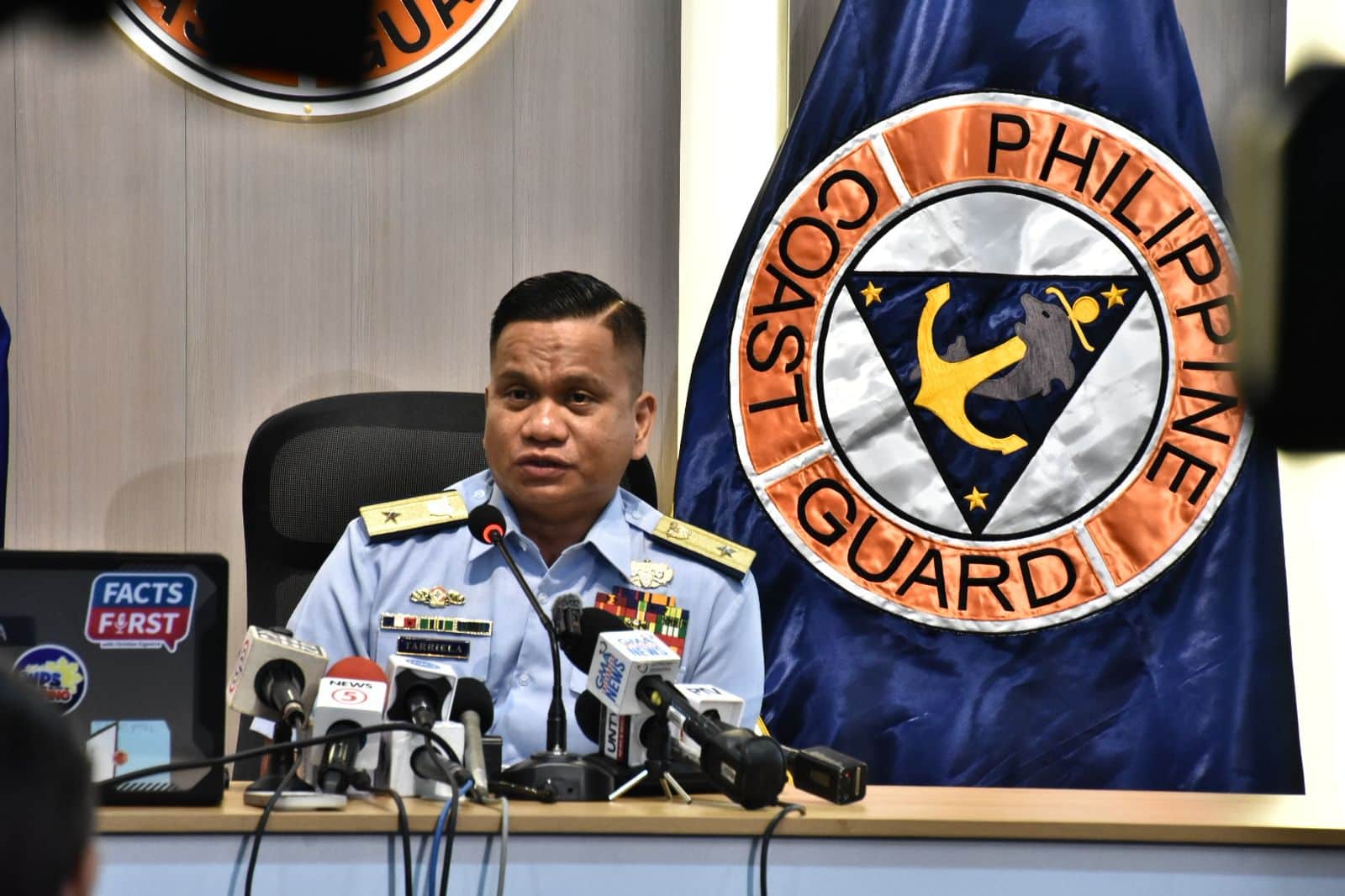 Philippine Coast Guard Spokesperson for the West Philippine Sea (WPS) Commodore Jay Tarriela holds a press briefing on Tuesday in Manila. Noy Morcoso/INQUIRER.net