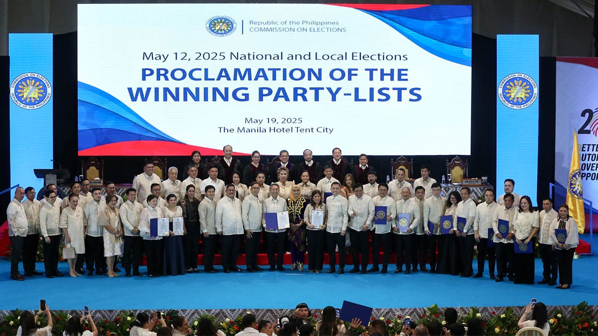 REPRESENTING SECTORS The party list groups who won during the May 12 midterm elections are proclaimed by the Commission on Elections en banc, sitting as the National Board of Canvassers, at the Manila Hotel Tent on Monday. Their representatives will occupy 63 seats in the 20th Congress. —LYN RILLON