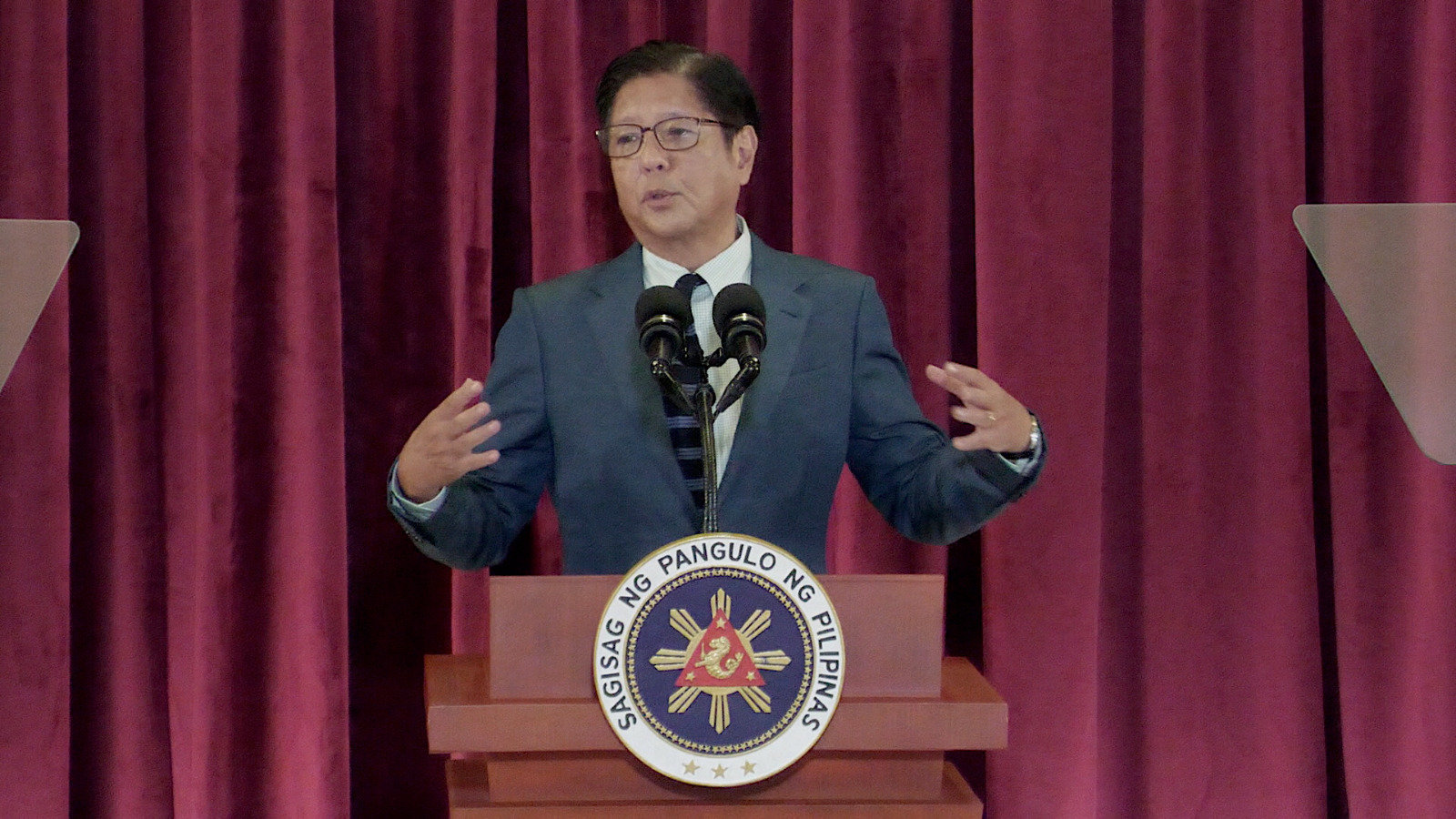 President Ferdinand Marcos Jr. delivers his speech at Villamor Air Base in Pasay City on Sunday, May 25, 2025, before his departure for Kuala Lumpur to take part in the 46th Association of Southeast Asian Nations Summit. INQUIRER.net/Ryan Leagogo