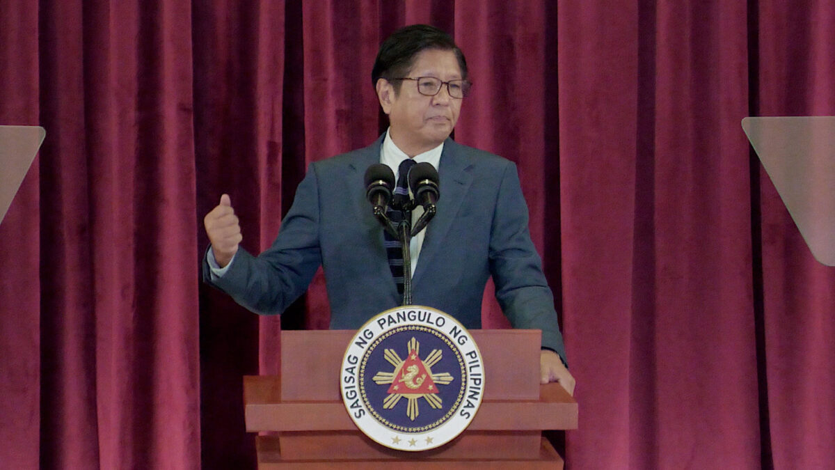 President Ferdinand Marcos Jr. delivers his speech at Villamor Air Base in Pasay City on Sunday, May 25, 2025, before his departure for Kuala Lumpur to take part in the 46th Association of Southeast Asian Nations Summit. INQUIRER.net/Ryan Leagogo