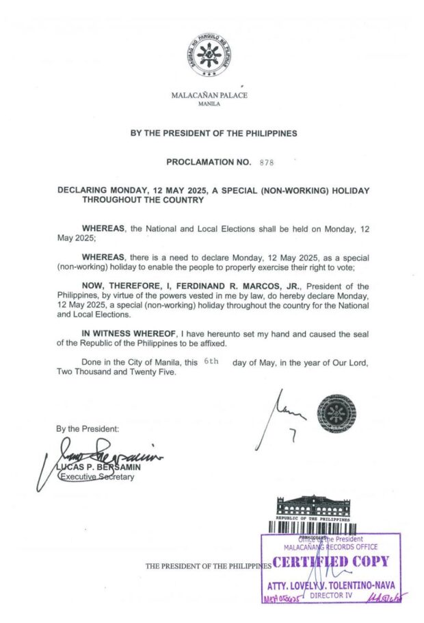 Marcos declares May 12 a holiday