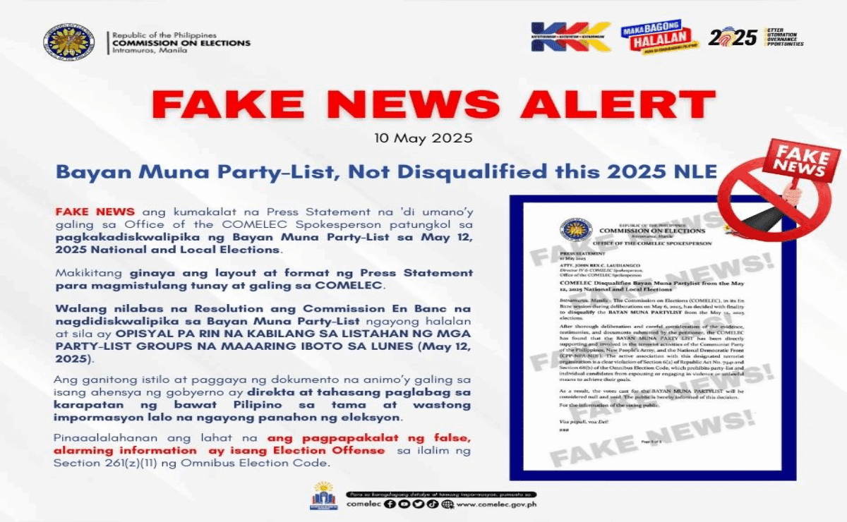 The Commission on Elections refutes a disqualification claim against Bayan Muna Party-list from the May 2025 elections. (Photo from Comelec/Facebook)
