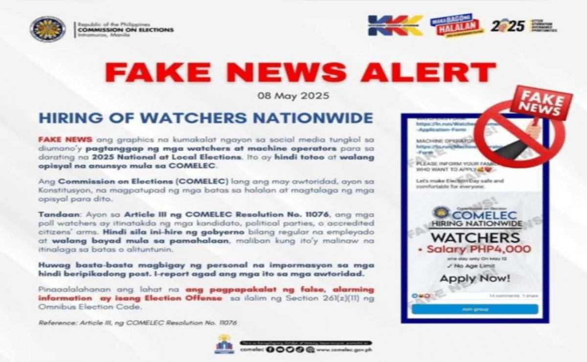 The Commission on Elections refutes the claim that the poll body is hiring poll watchers with a salary of P4,000 for the May 12 elections.