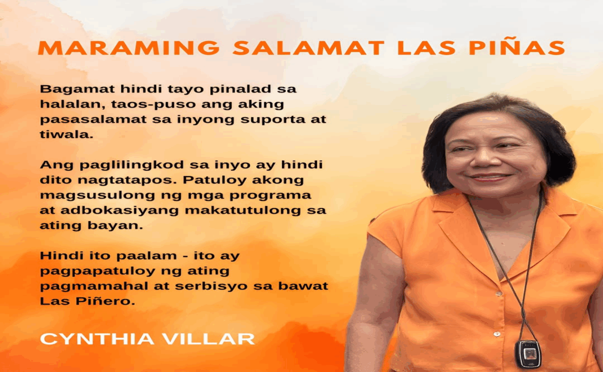 Senator Cynthia Villar concedes defeat in her bid to represent Las Piñas in the House of Representatives on May 14, 2025. — Photo courtesy of Cynthia Villar/Facebook
