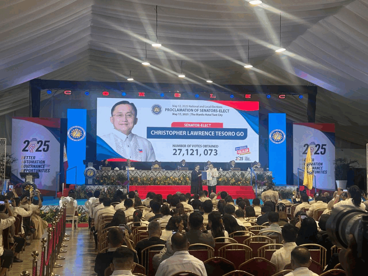Senator-elect and reelectionist Bong Go is officially proclaimed as on Saturday, May 17. INQUIRER.net / DIANNE SAMPANG
