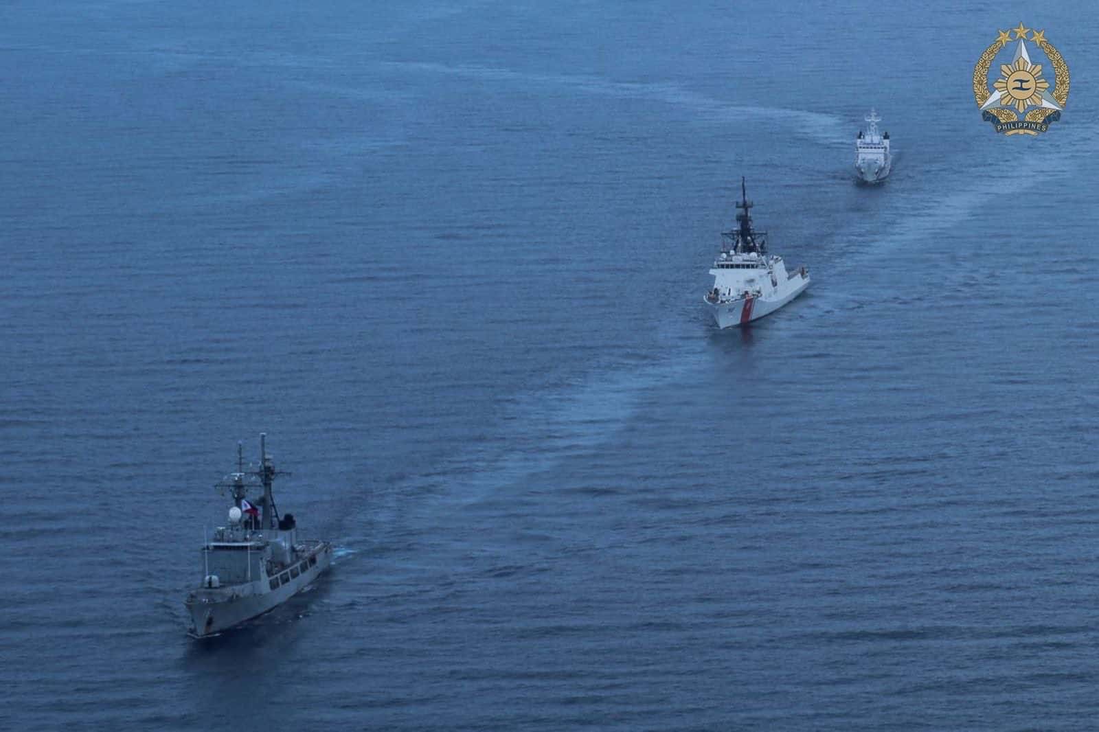 (From front) BRP Ramon Alcaraz (PS16), USCG Cutter Stratton (WMSL 752), and BRP Melchora Aquino (MRRV 9702) sail during the 6th bilateral Maritime Cooperative Activity on May 20.