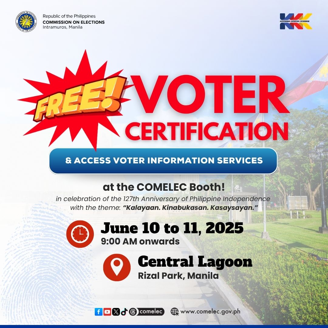 The Commission on Elections offers free voter certification services at Rizal Park on June 10 and 11, 2025. — Photo from Comelec/Facebook