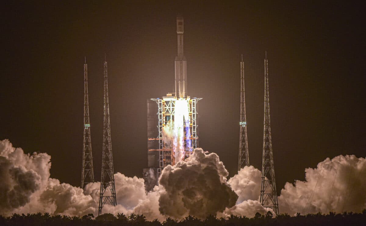 A Long March 7 rocket, carrying China's Tianzhou-2 cargo craft, lifts off from the Wenchang Space Launch Center in southern China's Hainan province on May 29, 2021. (Photo by AFP) / CHINA OUT