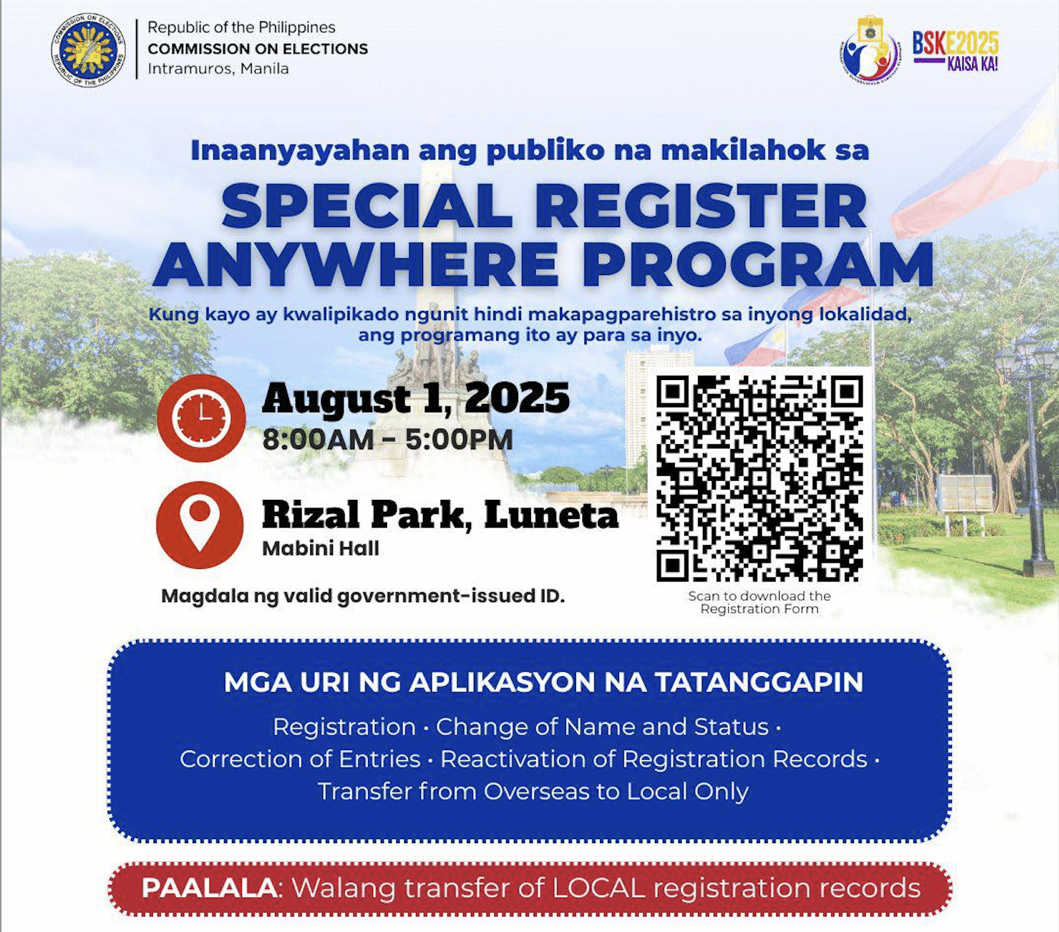 Comelec sets special voter registration on August 1 at Luneta