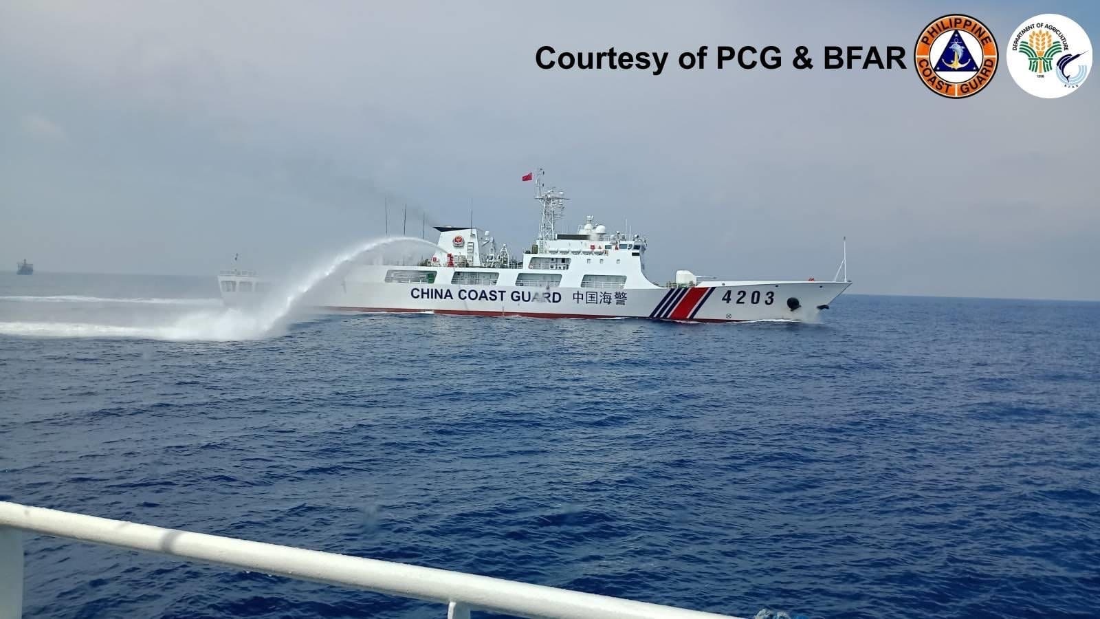 The Chinese Coast Guard cutter with hull number 4203 is seen attacking Bureau of Fisheries and Aquatic Resources and Philippine Coast Guard vessels with a water cannon in Panatag Shoal on June 20, 2025. The BFAR and PCG personnel were distributing fuel to Filipino fisherfolk when the CCG vessel, along with CCG ship with hull number 3105, attacked. — File photo from Commodore Jay Tarriela