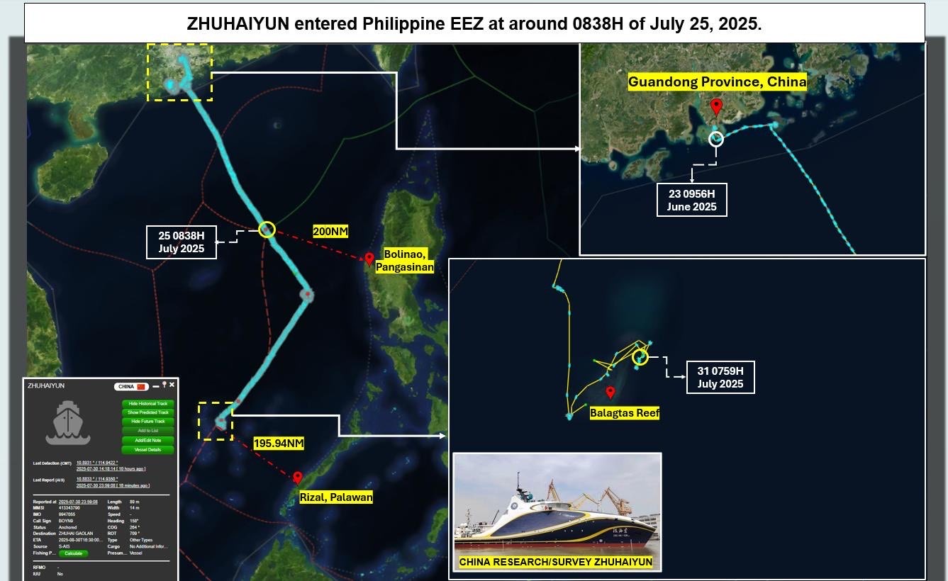 Zhuhaiyun left Guangdong, China on June 23 and entered the Philippines' exclusive economic zone on June 25. It was seen near Balagtas Reef on July 30. — Photo from Philippine Coast Guard