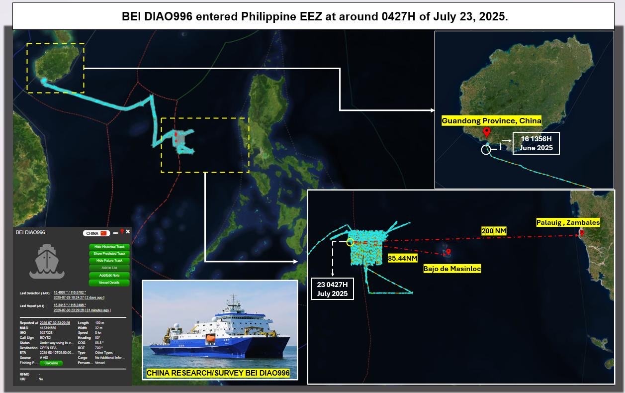 Bei Diao 996 left Guangdong, China on June 16 and entered Philippine waters a week later. It is currently operating around 185 nautical miles off Zambales. — Photo from Philippine Coast Guard