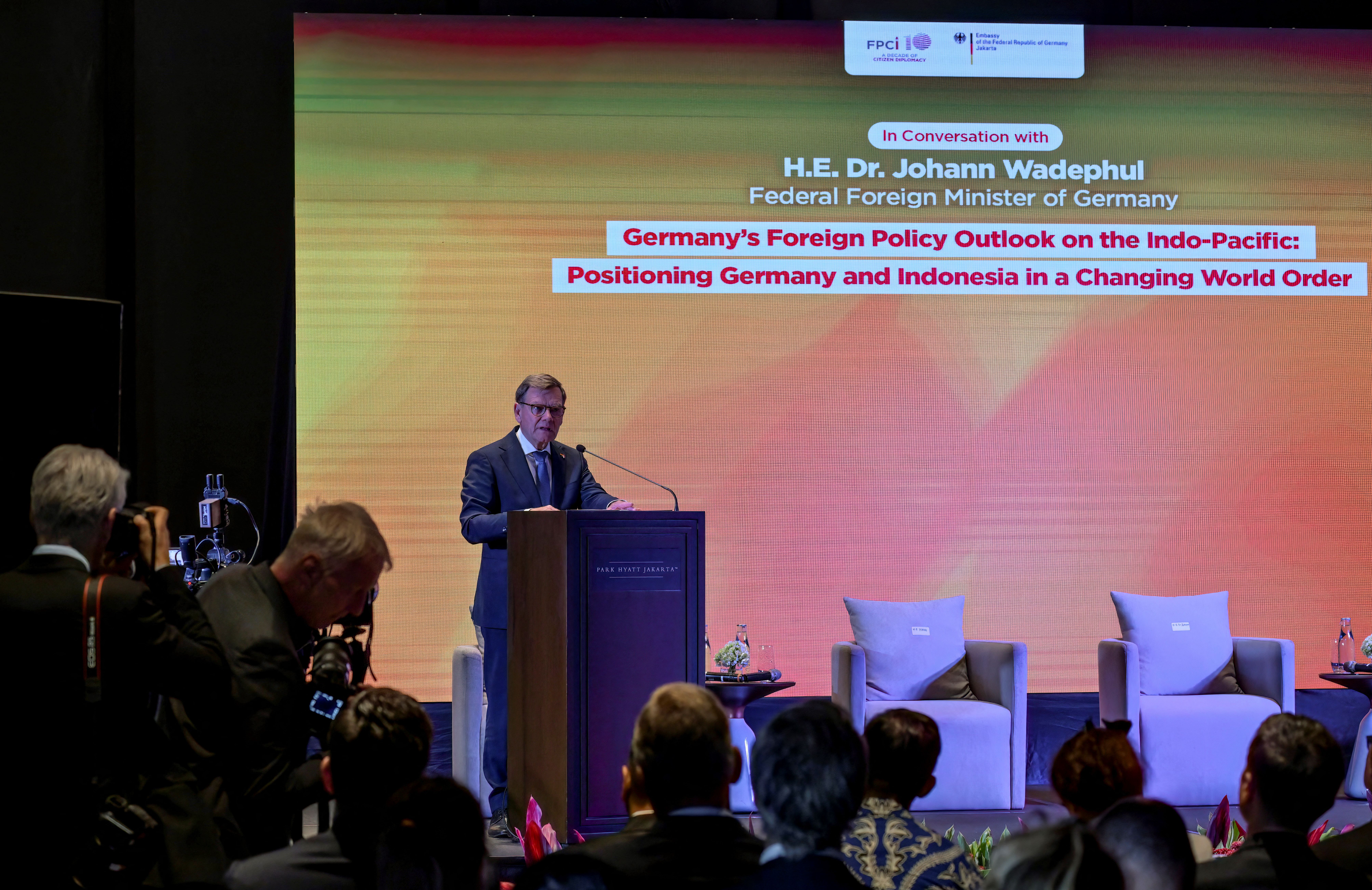 German Federal Foreign Minister Johann Wadephul delivers a speech titled Germanys Foreign Policy Outlook on the Indo-Pacific: Positioning Germany and Indonesia in a Changing World Order during a Foreign Policy Community of Indonesia (FPCI) event in Jakarta on August 20, 2025. (Photo by BAY ISMOYO / AFP)