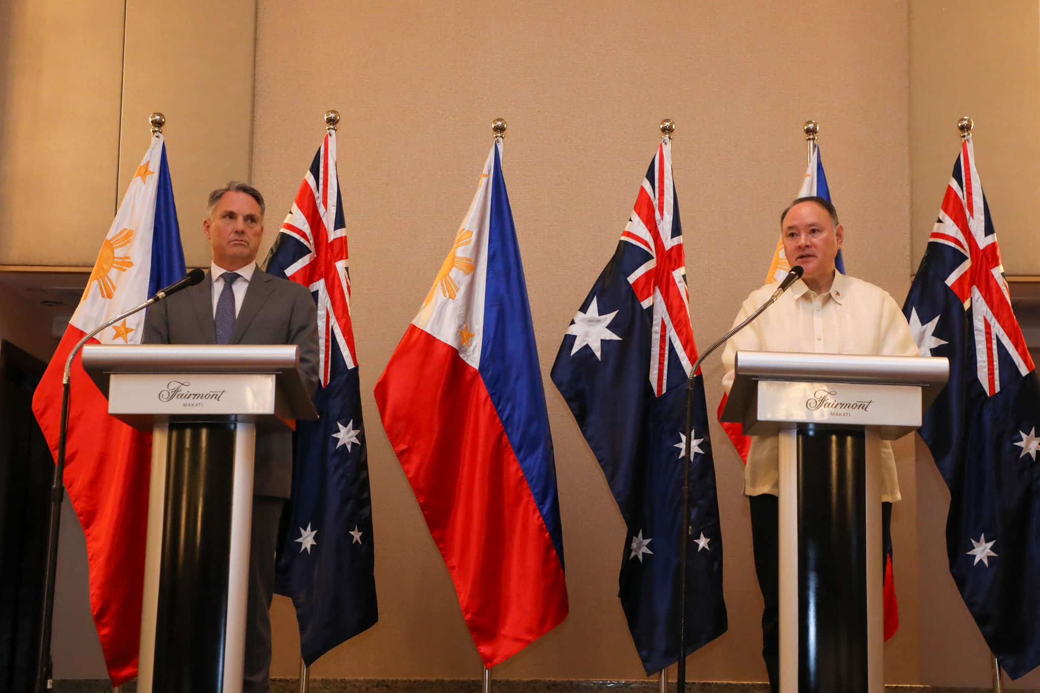 Australian Minister for DefenseRichard Marles joins Defense Secretary Gilberto Teodoro Jr. at a briefing on their bilateral talks in Makati City on Friday. 
