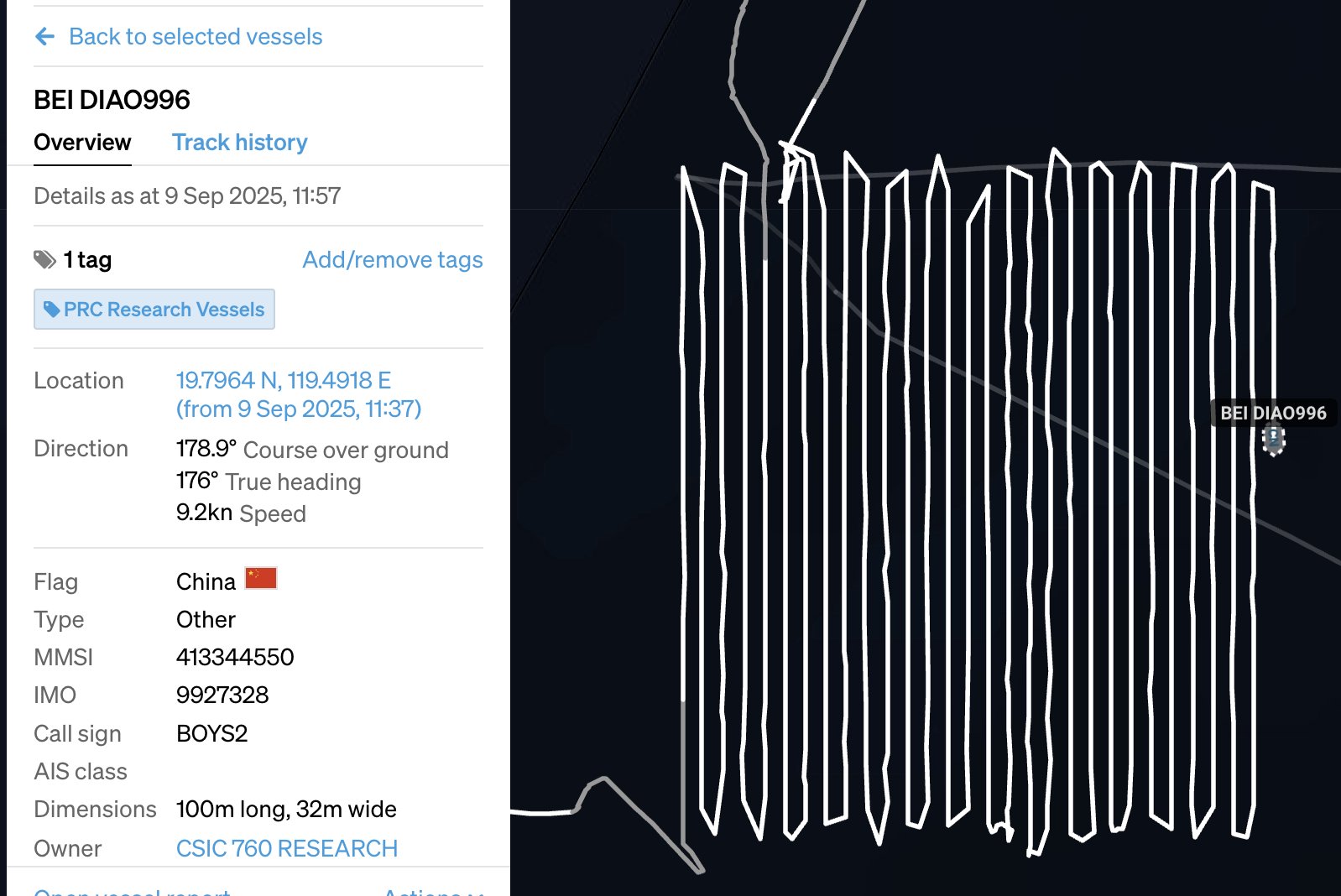 Chinese survey ship Bei Diao 996 is shown conducting a lawnmower pattern off Batanes since September 3, 2025. — Photo courtesy of Sealight