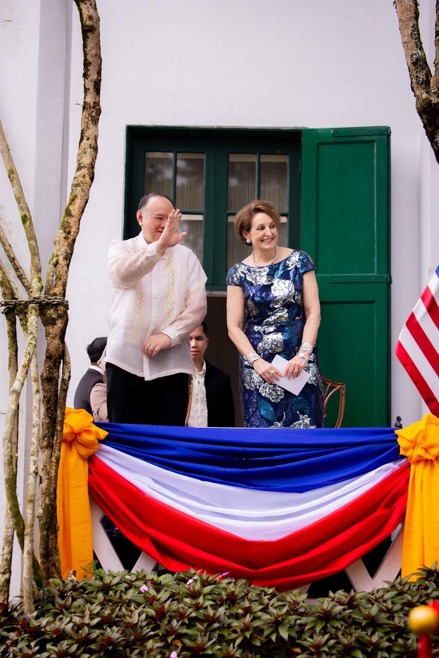 Defense Secretary Gilberto Teodoro Jr. and US Ambassador to Manila MaryKay Carlson during the commemoration of the 80th anniversary of the ending of World War II at US Ambassador's residence in Camp John Hay in Baguio City on September 3, 2025. PHOTO FROM THE US EMBASSY TO MANILA