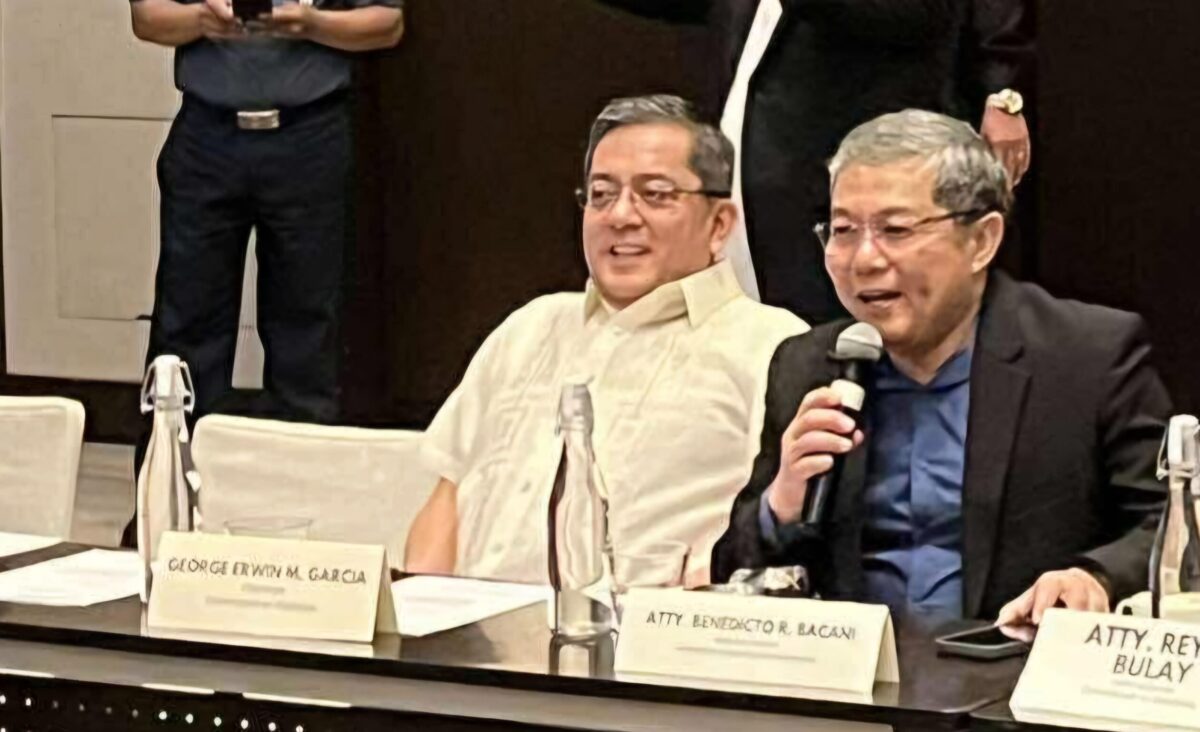 IAG executive director Benedicto Bacani (right) presides over a dialogue among BARMM stakeholders about the fate of the Oct. 13 regional elections. Beside him is Comelec Chair George Garcia. PHOTO FROM IAG