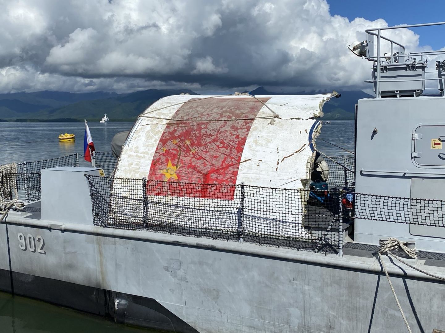 CAPTION: Suspected Chinese rocket debris bearing the flag of People's Republic of China is mounted in BRP Lolinato To-Ong. PHOTO FROM THE PHILIPPINE NAVY
