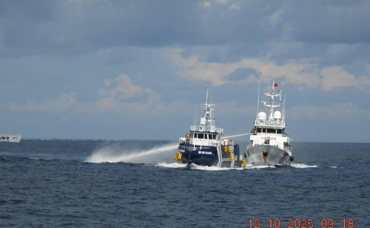 Bureau of Fisheries and Aquatic Resources ship BRP Datu Pagbuaya is hit by water cannon from China Coast Guard ship 21559 on Sunday, October 12, 2025. PHOTO FROM THE PHILIPPINE COAST GUARD