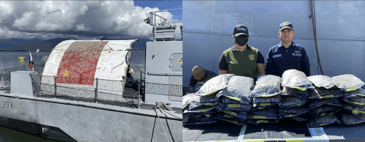 (From left) A suspected Chinese rocket debris and bags of suspected high-grade marijuana are seized during BRP Lolinato To-ong’s patrols in the West Philippine Sea last week. (Photos from AFP WESTERN NAVAL COMMAND)