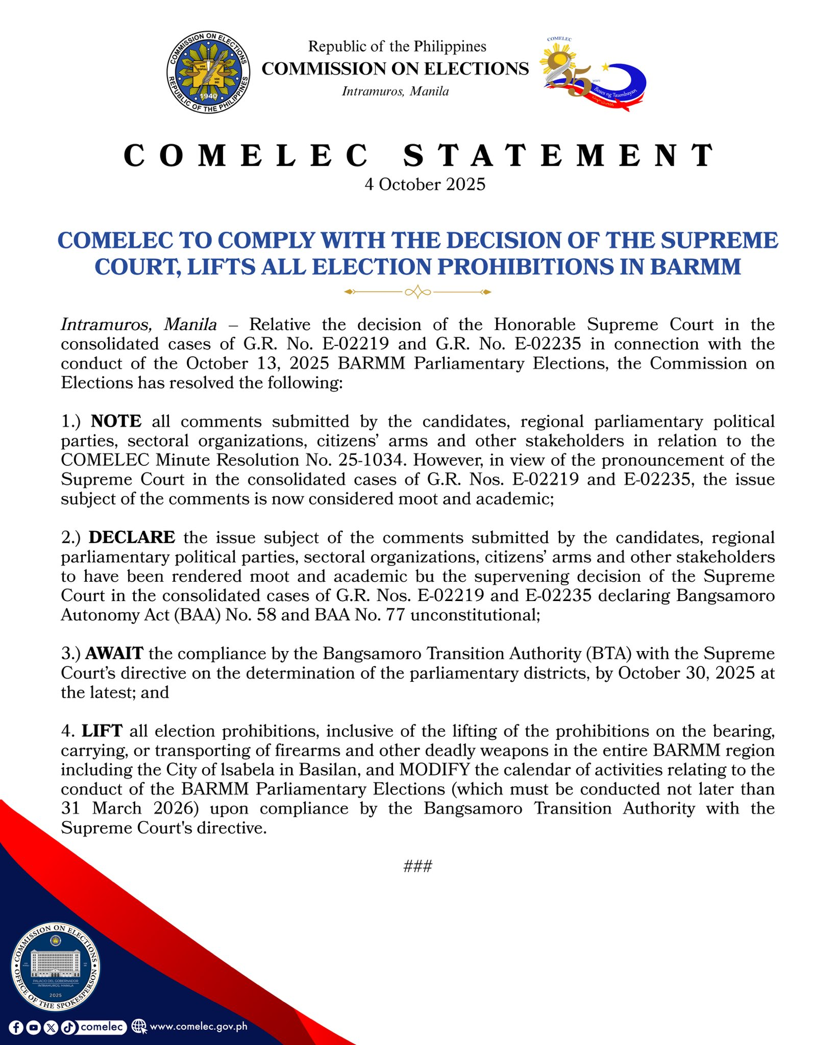 Caption: Comelec's official statement posted on X (Photo Courtesy: Comelec)