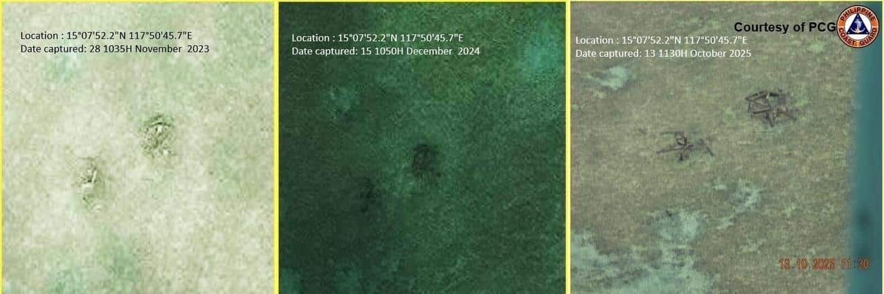 Philippine Coast Guard’s satellite images show what it said are “long-standing” structural debris in Panatag (Scarborough) Shoal published on Oct. 15, 2025. PHOTO FROM PCG