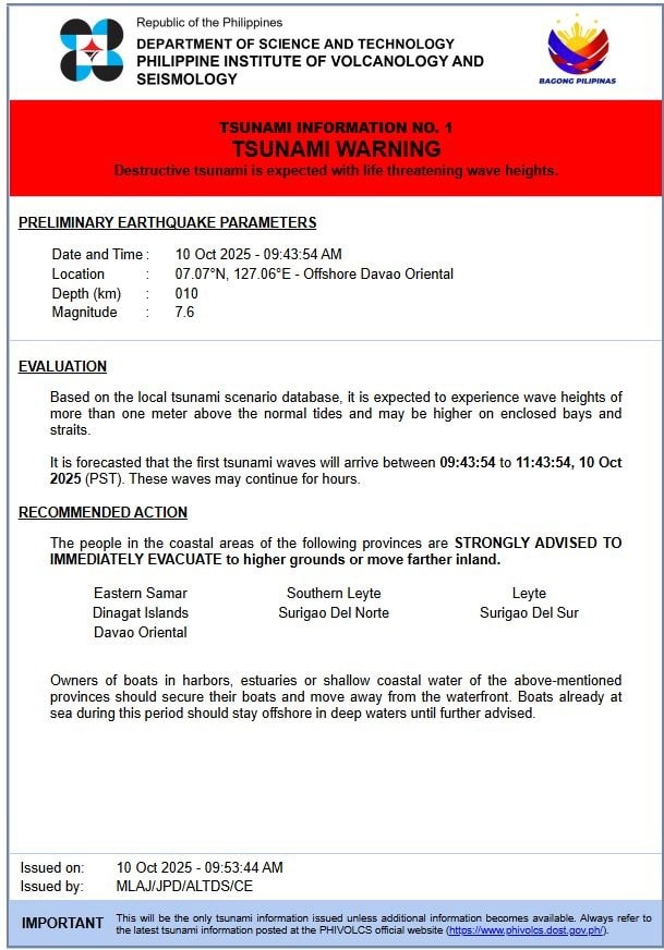 PHOTO: Phivolcs tsunami warning