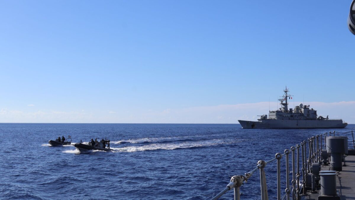 BRP Jose Rizal maneuvers alongside INS Sahyadri as both vessels execute coordinated maritime operations in the West Philippine Sea on Nov. 26, 2025. —Photo from AFP