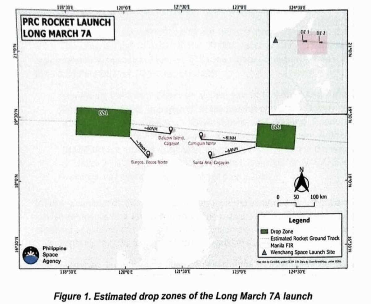 A map released by the Coast Guard District North Eastern Luzon Saturday, November 29, 2025, shows the estimated drop zones of the Long March 7A rocket to be launched on Sunday night. 