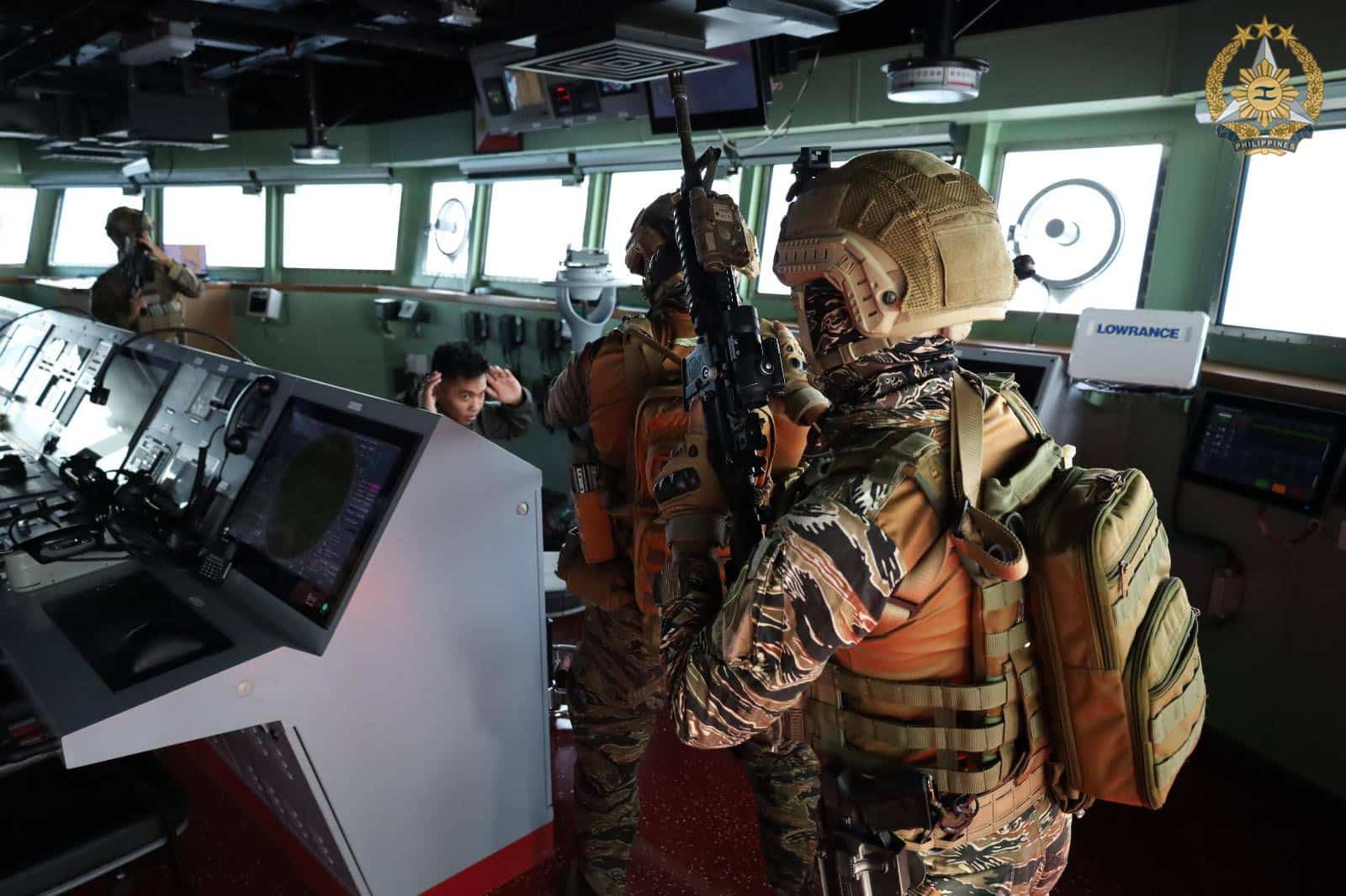 Philippine Navy personnel conduct a Visit, Board, Search, and Seizure activity aboard BRP Miguel Malvar on Monday, demonstrating coordinated boarding procedures and maritime law enforcement capabilities.