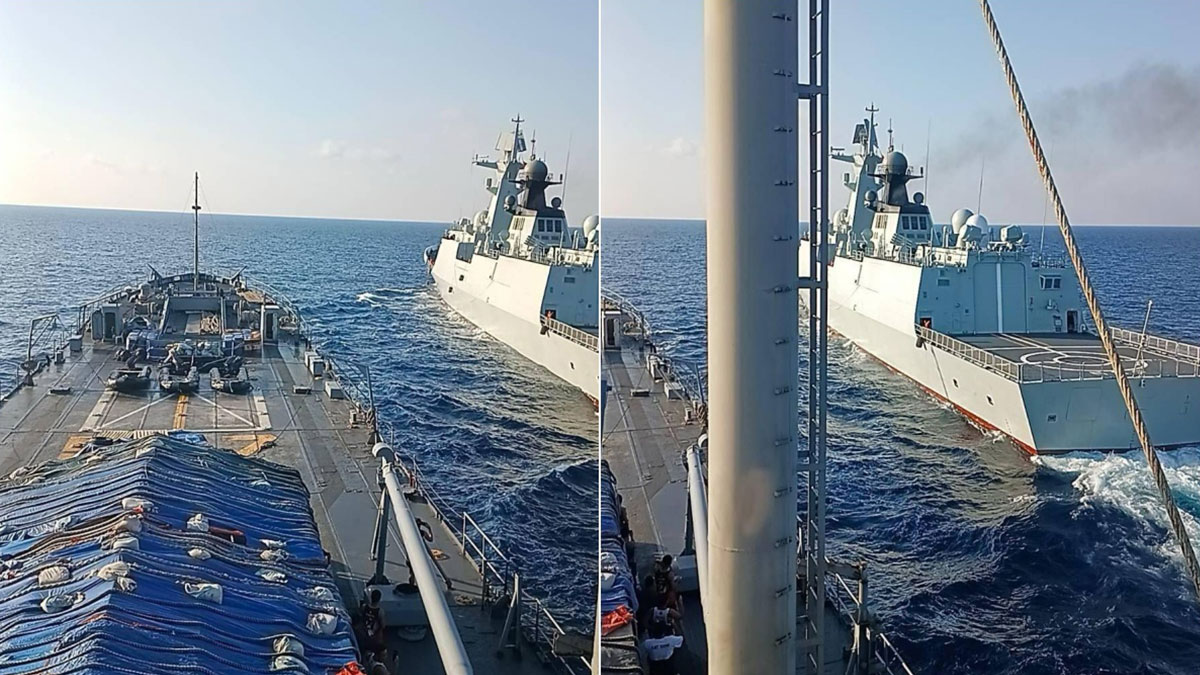 A Philippine Navy vessel, BRP Benguet (LS-507), maneuvers to avoid a Chinese warship near Pag-asa Island in the West Philippine Sea on Wednesday. (Photos courtesy of Armed Forces of the Philippines Western Command)