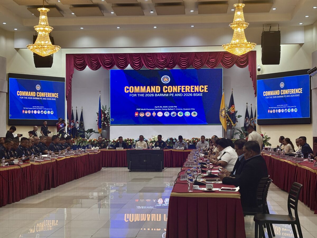 Comelec holds a command conference on April 28 at Camp Crame with law enforcement agencies to strengthen security preparations for the historic first Bangsamoro Parliamentary Elections set on September 14, and the 2026 Barangay and Sangguniang Kabataan Elections scheduled for November 2. (Photo by Andrea Gregorio)
