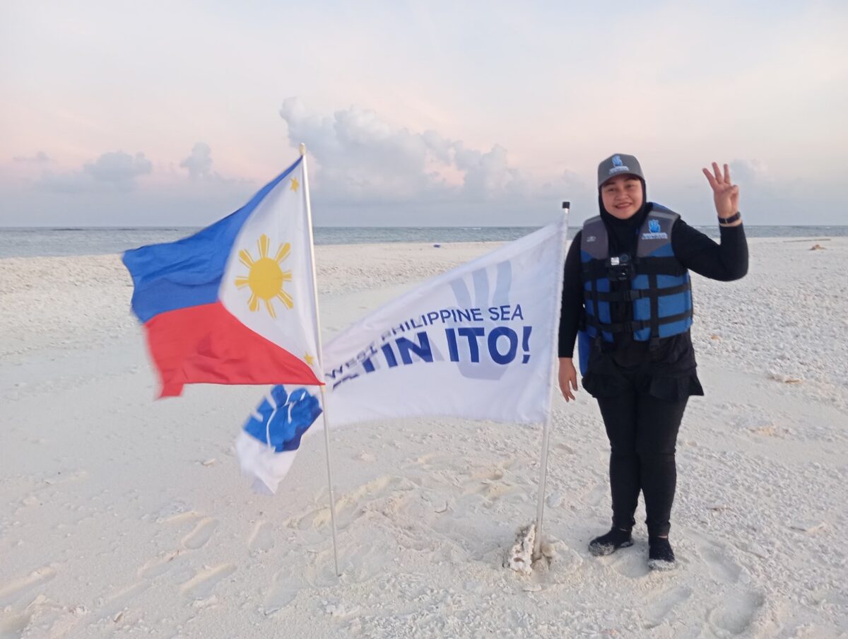 The Philippine flag planted in Pag-asa Cay 2 (Sandy Cay) in the West Philippine Sea by the Atin Ito Coalition supply mission on Sunday (May 3, 2026). (Photo from Atin Ito Facebook)