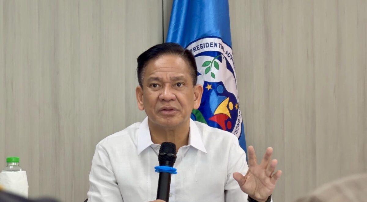Office of the Presidential Adviser on Peace, Reconciliation and Unity Secretary Mel Sarmiento speaks in a press briefing in Pasig City on Friday. INQUIRER / Gabryelle Dumalag