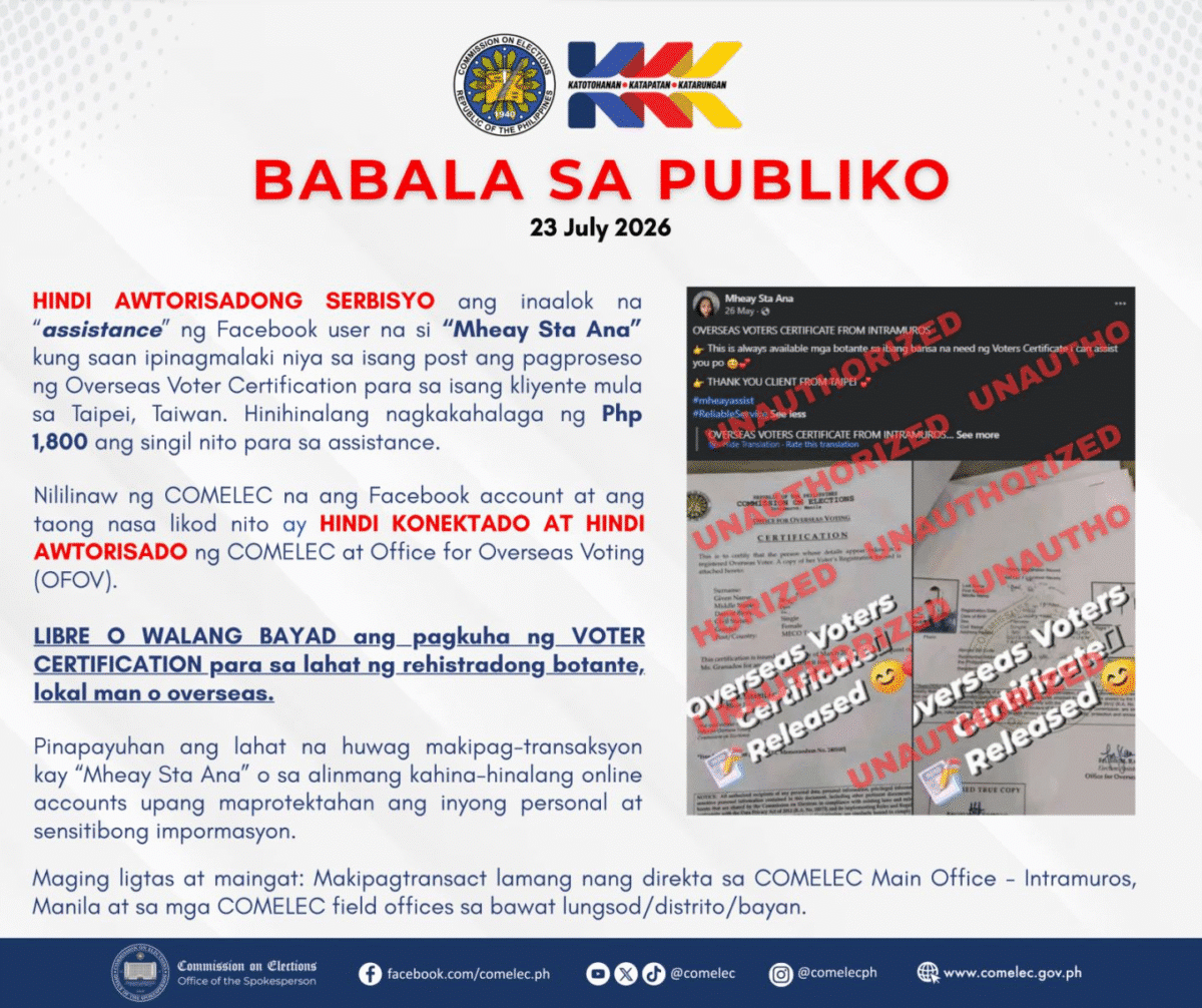 The Commission on Elections warns against unauthorized transactions on voter certificates. (Photo from Comelec)