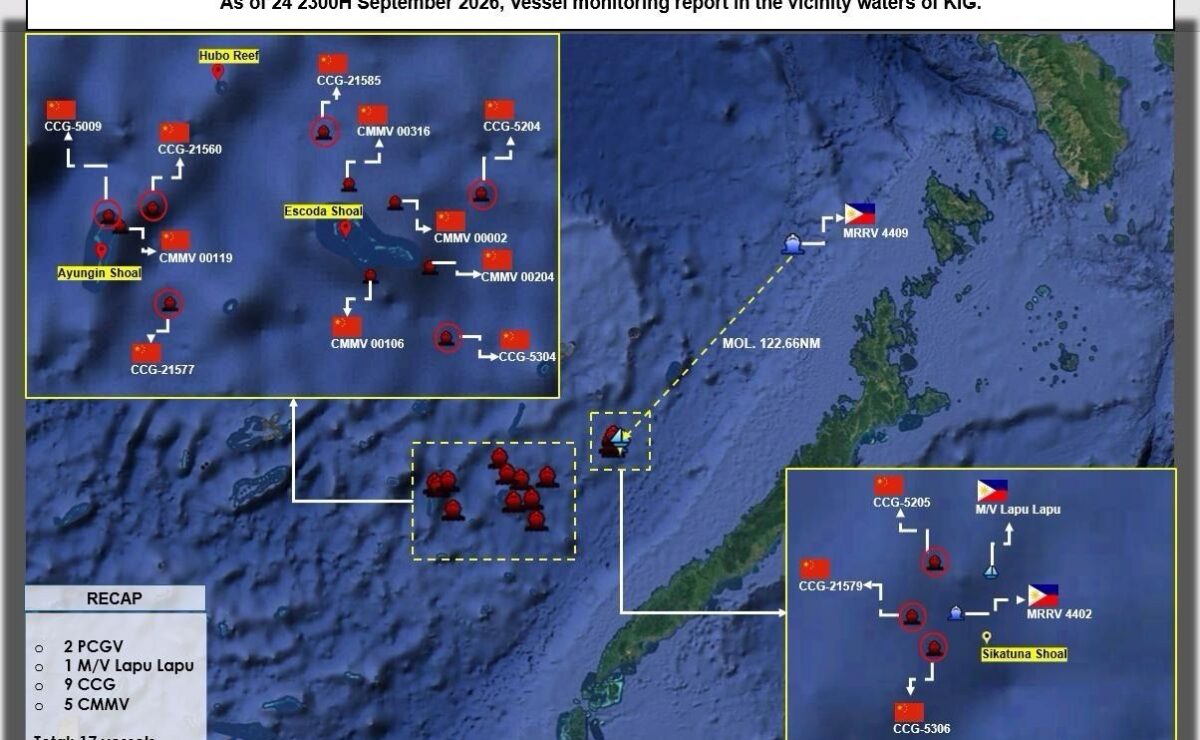 A Philippine Coast Guard (PCG) monitoring report shows the positions of Philippine and Chinese vessels in the vicinity of the Kalayaan Island Group during a rotation and resupply mission to Ayungin Shoal on Sept. 24, 2026. The mission was temporarily suspended after a China Coast Guard vessel made dangerous maneuvers against M/V Lapu-Lapu that threatened a collision, according to the PCG. (Photo from PCG)